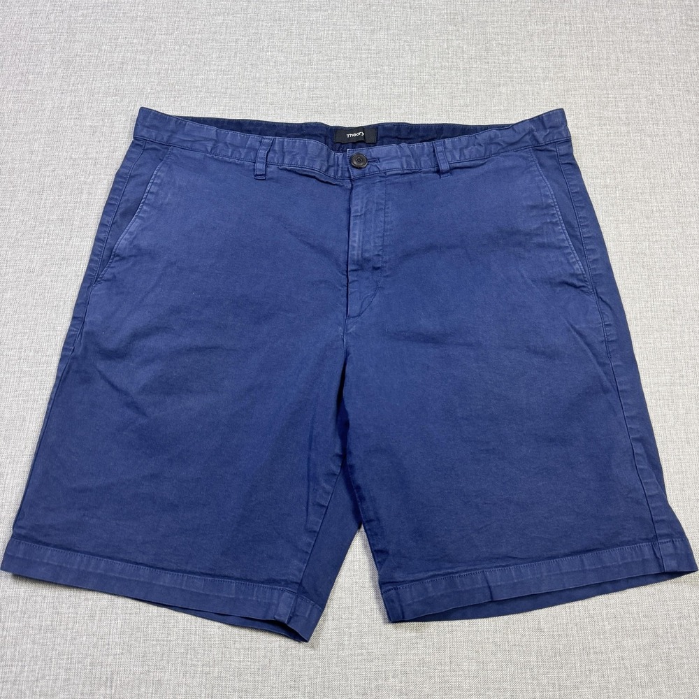 Theory Chino Shorts Mens 34‎ Blue Cotton Spandex Belted Flat Front 8" Inseam